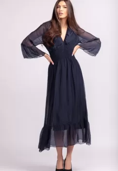 Rochie bleumarin din matase naturala cu banda elastica in talie si volane imagine