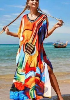 Rochie boema de plaja lunga oversize, tip poncho din bumbac si vascoza, cu imprimeu artistic-Chitara imagine