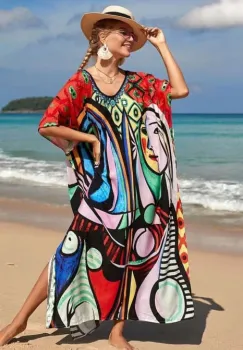 Rochie boema de plaja lunga oversize, tip poncho din bumbac si vascoza, cu imprimeu artistic-Picasso imagine