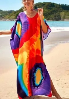 Rochie boema de plaja lunga oversize, tip poncho din bumbac si vascoza, cu imprimeu pictural imagine