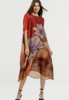 Rochie bordo eleganta satinata A-line cu croiala lejera si imprimeu floral imagine