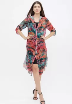 Rochie camasa A-line din matase naturala cu dublura , imprimeu pictural cu rosu si turcoaz imagine