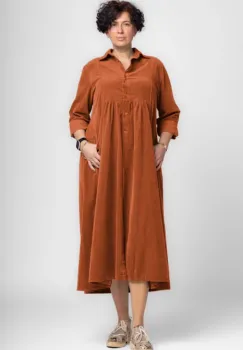 Rochie camasa caramizie din catifea reiata, taiata in talie imagine