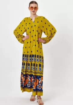 Rochie camasa cu imprimeu, pe fond mustar, din vascoza imagine