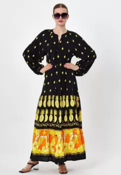 Rochie camasa cu imprimeu, pe fond negru, din vascoza imagine