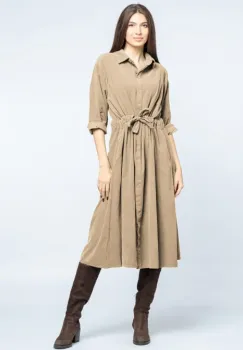 Rochie camasa din catifea reiata cu cordon in talie, bej imagine