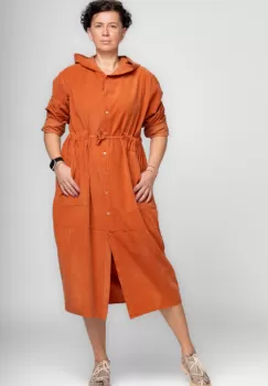 Rochie camasa din catifea reiata cu gluga si siret in talie, caramizie imagine