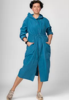 Rochie camasa din catifea reiata cu gluga si siret in talie, turcoaz imagine