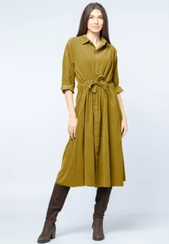 Rochie camasa din catifea reiata, galben mustar, cu cordon in talie imagine