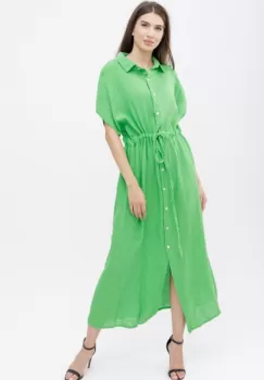 Rochie camasa, din in, cu snur in talie, verde deschis imagine