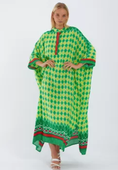 Rochie camasa oversize cu imprimeu geometric, cu romburi galbene imagine