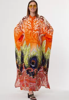 Rochie camasa oversize cu imprimeu paun, portocalie imagine