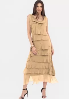 Rochie camel din matase naturala cu volane franjurate suprapuse, fara maneci imagine