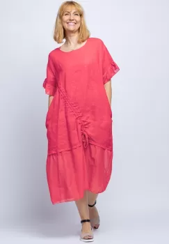 Rochie casual corai din in, cu siret oblic si volan la maneci imagine