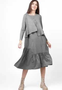 Rochie catifelata suprapusa, cu puloveras in colturi cu nasturi mari, gri imagine