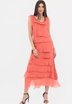 Rochie corai din matase naturala cu volane franjurate suprapuse, fara maneci imagine