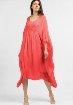 Rochie corai in colturi, lunga, ampla, din matase naturala, cu detaliu sub bust imagine