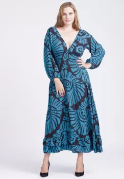 Rochie cu banda elastica in talie si volane, imprimeu turcoaz-negru imagine