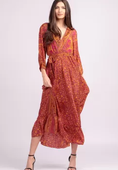 Rochie cu bust petrecut, din matase indiana, cu imprimeu oriental portocaliu-fucsia imagine