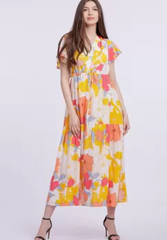 Rochie cu bust petrecut si imprimeu floral pe fond galben imagine