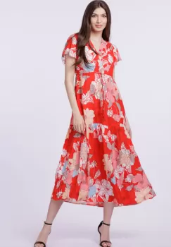 Rochie cu bust petrecut si imprimeu floral pe fond rosu imagine