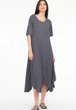 Rochie cu colturi rotunjite, din tricot de vascoza, imprimeu dungi alb-bleumarin imagine