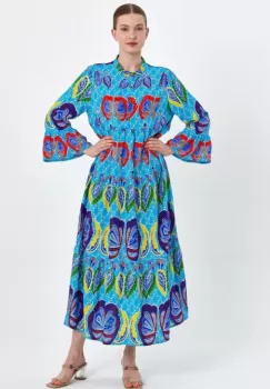 Rochie cu imprimeu boho pe fond albastru, din vascoza imagine