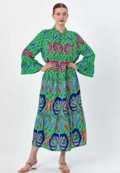 Rochie cu imprimeu boho pe fond verde, din vascoza imagine