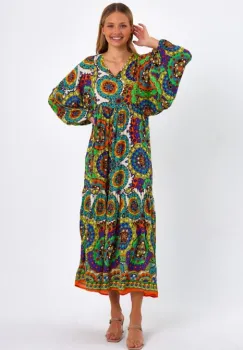 Rochie cu imprimeu mandale si maneci bufante, din vascoza, cu portocaliu imagine