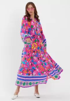 Rochie cu imprimeu marin pe fond fucsia, din vascoza imagine