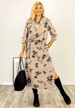 Rochie cu nod intr-o parte imprimata cu flori embosate si catifelate, din jerseu de bumbac bej imagine