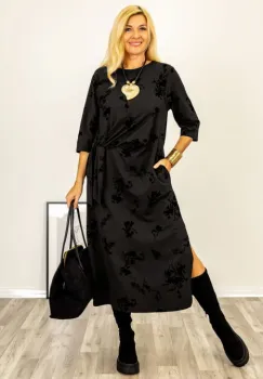 Rochie cu nod intr-o parte imprimata cu flori embosate si catifelate, din jerseu de bumbac negru imagine