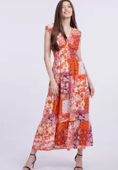 Rochie cu talia evidentiata si bust petrecut, imprimeu floral portocaliu imagine