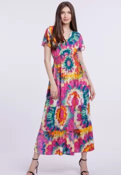 Rochie cu talia evidentiata si bust petrecut, imprimeu floral predominant fucsia imagine