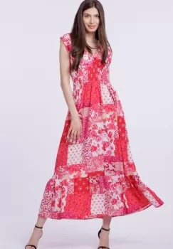 Rochie cu talia evidentiata si bust petrecut, imprimeu floral rosu imagine