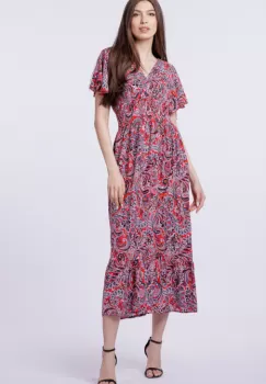 Rochie cu talia evidentiata si bust petrecut, imprimeu paisley pe fond rosu imagine