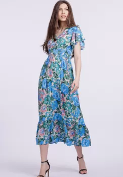 Rochie cu talia evidentiata si bust petrecut si imprimeu cu flori albastre-roz imagine