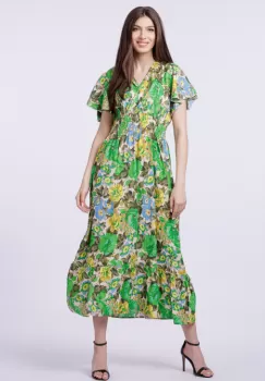 Rochie cu talia evidentiata si bust petrecut si imprimeu cu flori verzi imagine