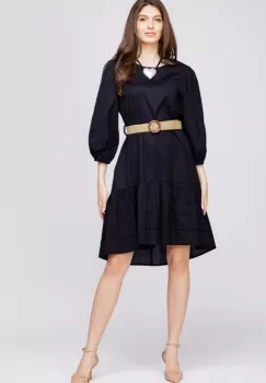 Rochie cu volan din poplin de bumbac cu curea elastica, neagra imagine