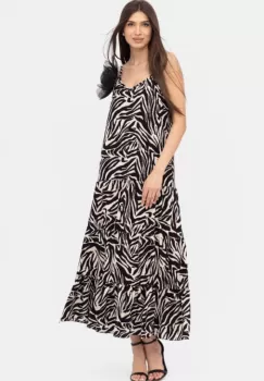 Rochie cu volane si bretelute, lunga, animal print alb-negru imagine