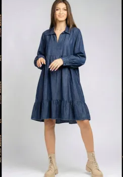 Rochie dama denim cu guler si croi lejer cu volane din bumbac imagine