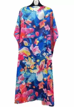 Rochie de plaja lunga tip poncho din matase cu flori fucisa pe fond albastru imagine