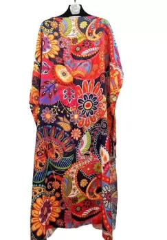 Rochie de plaja lunga tip poncho din matase cu flori multicolore pe fond bleumarin inchis imagine