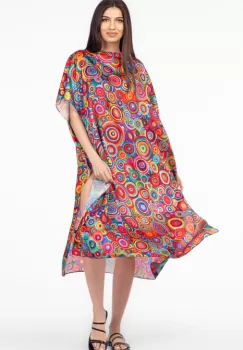 Rochie de plaja lunga tip poncho din matase cu imprimeu cercuri multicolore imagine
