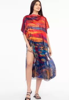 Rochie de plaja lunga tip poncho din matase cu imprimeu dupa pictura celebra imagine