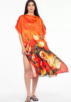 Rochie de plaja lunga tip poncho din matase cu imprimeu floral pe fond portocaliu imagine