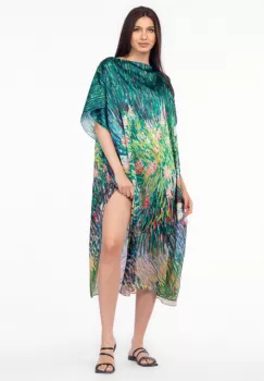 Rochie de plaja lunga tip poncho din matase cu imprimeu impresionist floral pe fond verde imagine