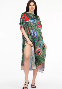 Rochie de plaja lunga tip poncho din matase cu imprimeu impresionist, floral pe fond verde imagine