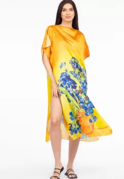 Rochie de plaja lunga tip poncho din matase cu imprimeu inspirat din pictura Irisi a lui Vincent Van Gogh imagine