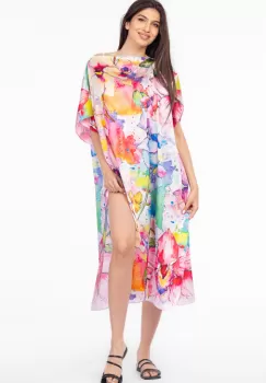 Rochie de plaja lunga tip poncho din matase cu motiv floral pastelat imagine